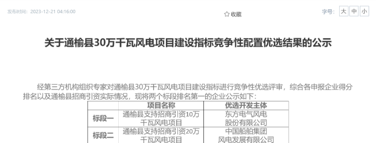 中船風電、東方風電獲風電項目競配指標